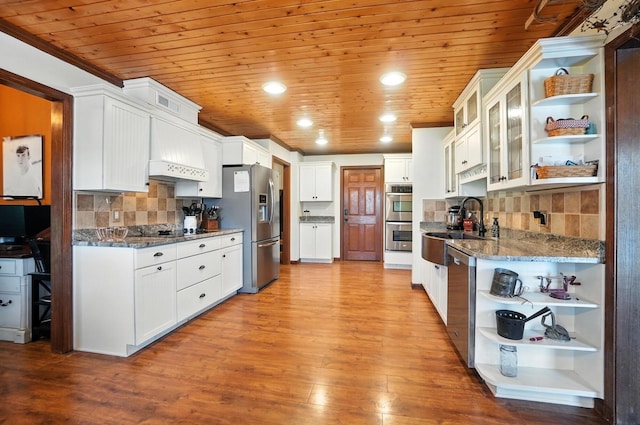 891 N Tecumseh Rd, Springfield, OH 45504 - kitchen with stainless steel appliances, open shelves, wood ceiling, tasteful backsplash, and dark stone countertops