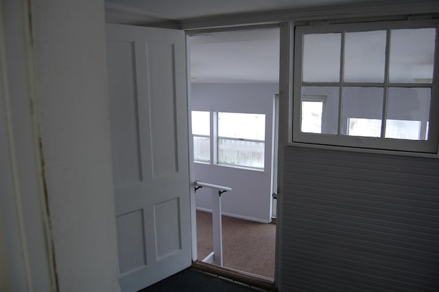 doorway to outside with baseboards and dark carpet