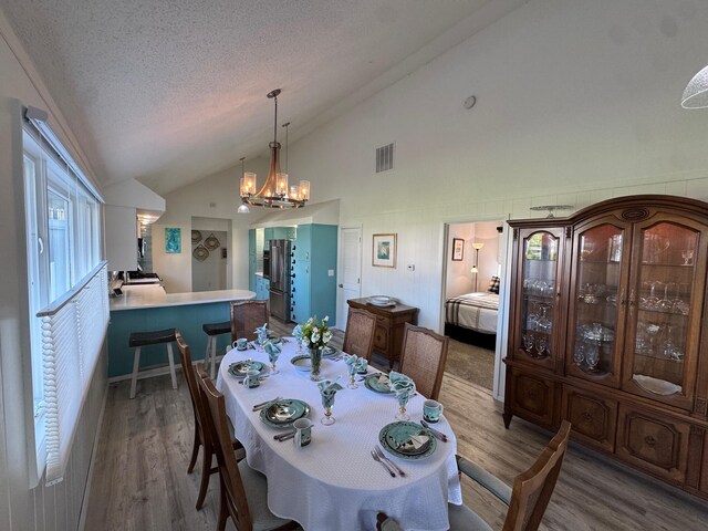 14072 Seminole Path, Lakeview, OH 43331 - dining area with wood finished floors, a chandelier, a textured ceiling, and high vaulted ceiling