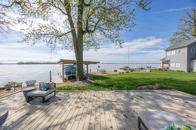 14072 Seminole Path, Lakeview, OH 43331 - wooden deck with a water view, boat lift, a yard, and a boat dock