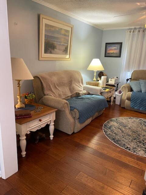 living room featuring wood-type flooring and ornamental molding