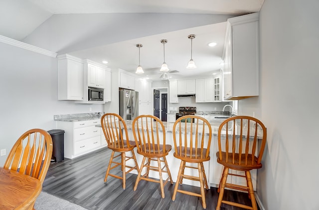 interior space with vaulted ceiling, dark wood-style flooring, and recessed lighting