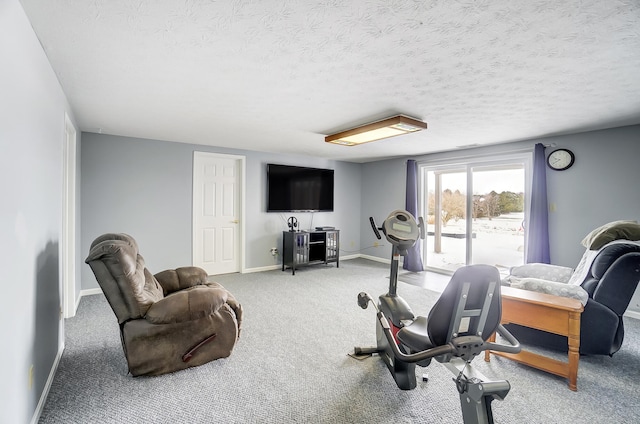 workout area with a textured ceiling, carpet, and baseboards