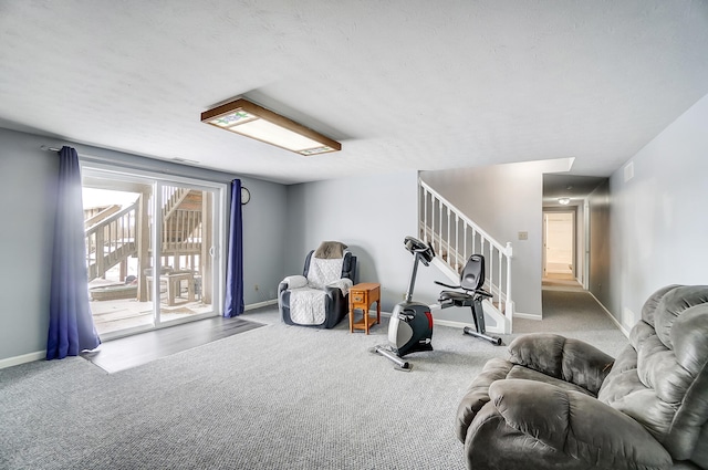 exercise room featuring baseboards and carpet flooring