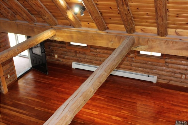 interior space with wooden ceiling, dark hardwood / wood-style floors, log walls, and beam ceiling