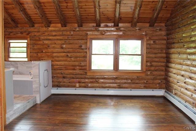 spare room with dark hardwood / wood-style flooring, rustic walls, and a wealth of natural light