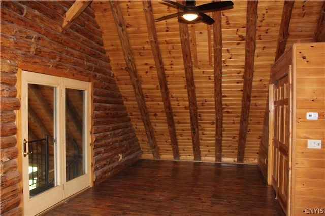 interior space featuring lofted ceiling with beams, log walls, wood ceiling, and dark wood-type flooring