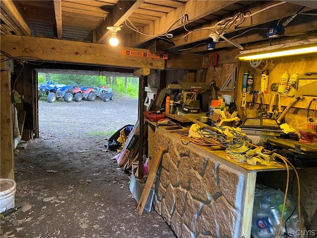 garage with a workshop area