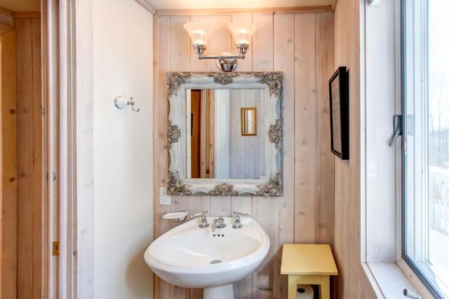 bathroom featuring wooden walls and sink