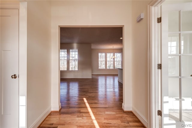 corridor with a notable chandelier and light hardwood / wood-style floors