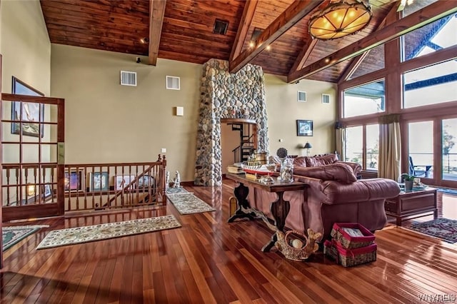 1567 Lake Rd, Porter, NY 14174 - living room with high vaulted ceiling, dark wood-type flooring, wood ceiling, and beamed ceiling