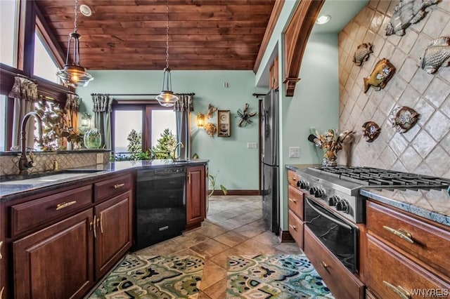 1567 Lake Rd, Porter, NY 14174 - kitchen with black dishwasher, wood ceiling, gas range, tasteful backsplash, and hanging light fixtures