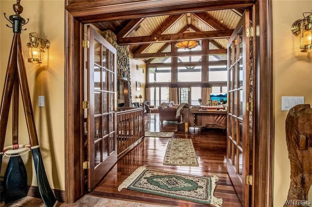1567 Lake Rd, Porter, NY 14174 - interior space featuring dark hardwood / wood-style flooring, wooden ceiling, french doors, and beamed ceiling