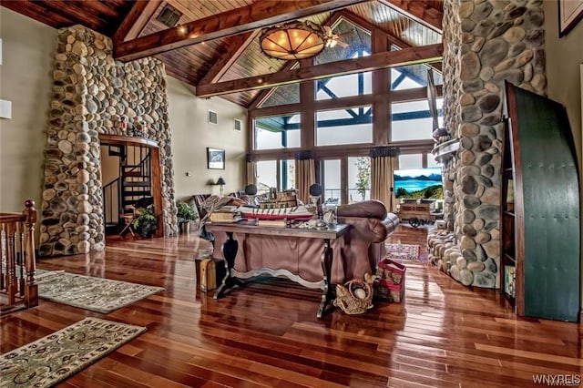 1567 Lake Rd, Porter, NY 14174 - interior space featuring beam ceiling, dark wood-type flooring, high vaulted ceiling, and wooden ceiling