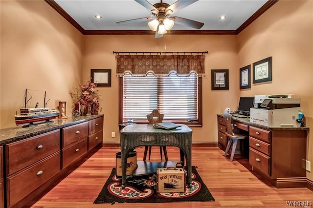 1567 Lake Rd, Porter, NY 14174 - office area featuring crown molding, ceiling fan, and light wood-type flooring