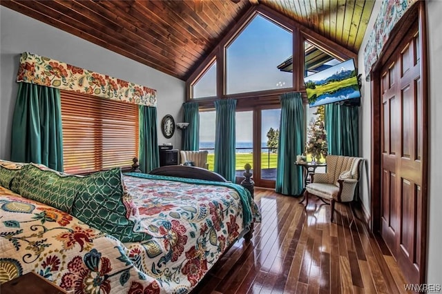 1567 Lake Rd, Porter, NY 14174 - bedroom featuring dark hardwood / wood-style flooring, high vaulted ceiling, wood ceiling, and access to exterior