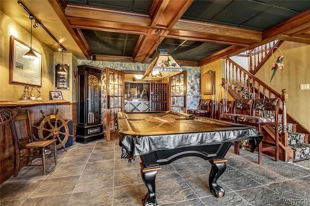 1567 Lake Rd, Porter, NY 14174 - playroom featuring coffered ceiling, billiards, dark tile floors, and beamed ceiling