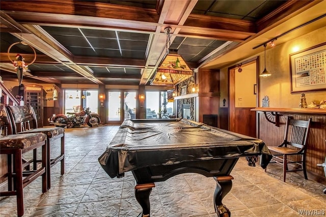 1567 Lake Rd, Porter, NY 14174 - rec room featuring coffered ceiling, beam ceiling, billiards, and tile floors
