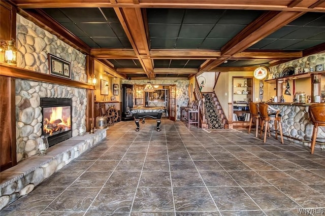 1567 Lake Rd, Porter, NY 14174 - interior space featuring billiards, coffered ceiling, beamed ceiling, dark tile floors, and a fireplace