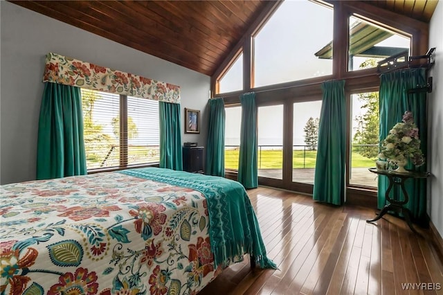 1567 Lake Rd, Porter, NY 14174 - bedroom with multiple windows, access to outside, wooden ceiling, wood-type flooring, and high vaulted ceiling
