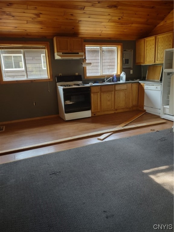 kitchen with light hardwood / wood-style flooring, wood ceiling, and white appliances