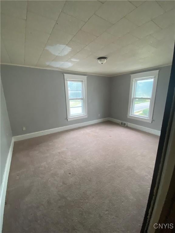 carpeted empty room with visible vents, plenty of natural light, and baseboards