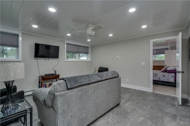 living room with ceiling fan, a baseboard radiator, and wooden ceiling