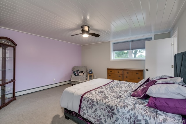 bedroom with light carpet, a baseboard radiator, wooden ceiling, and ceiling fan