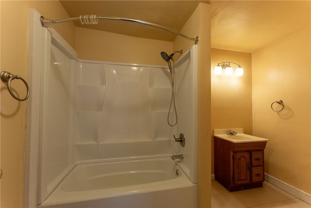 bathroom featuring bathing tub / shower combination, tile floors, and vanity