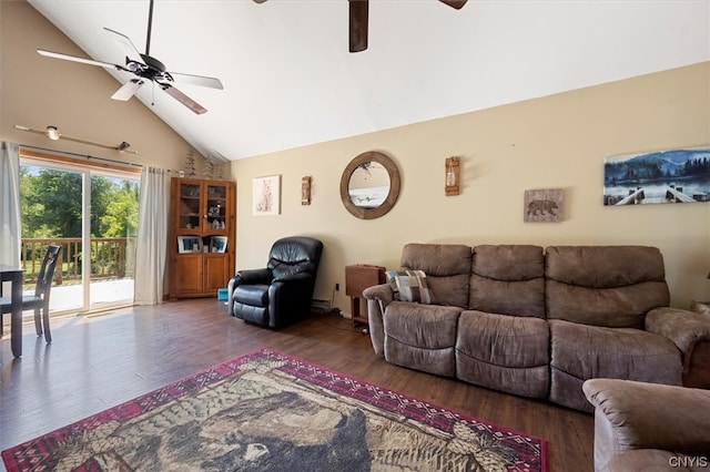 living room featuring dark hardwood / wood-style flooring, high vaulted ceiling, and ceiling fan