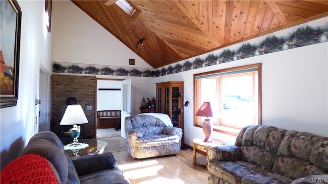 living room with high vaulted ceiling, wood ceiling, and light hardwood / wood-style floors