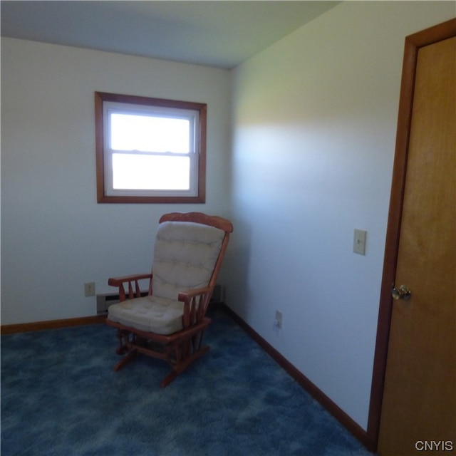 living area featuring dark carpet