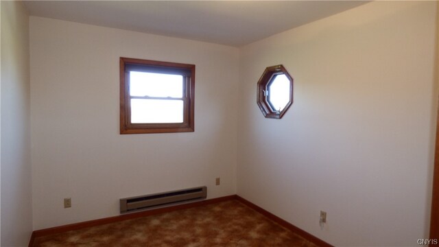 unfurnished room with dark carpet and a baseboard radiator