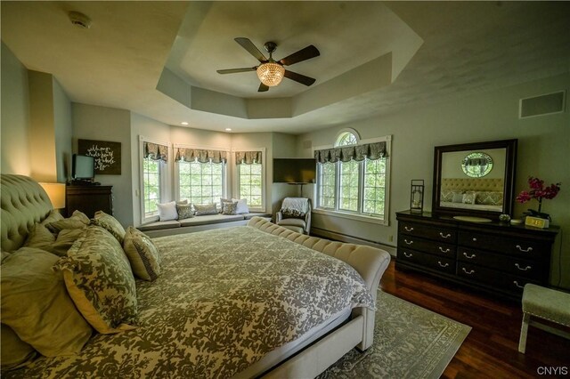 bedroom featuring a raised ceiling, ceiling fan, and dark hardwood / wood-style floors