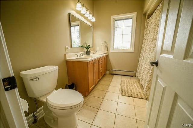 bathroom featuring toilet, tile patterned flooring, a baseboard radiator, and vanity