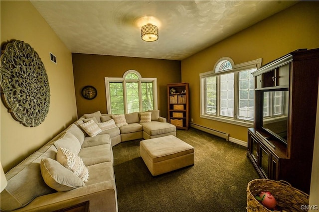 carpeted living room with a baseboard heating unit and a wealth of natural light