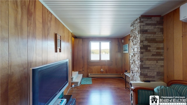 entryway with wooden walls, a wall mounted air conditioner, ornamental molding, dark wood-type flooring, and baseboard heating