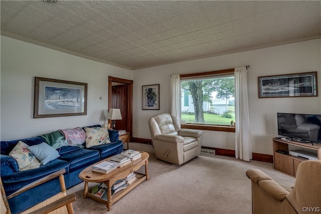 living room featuring light carpet