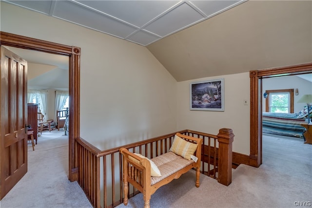 interior space with light carpet and vaulted ceiling