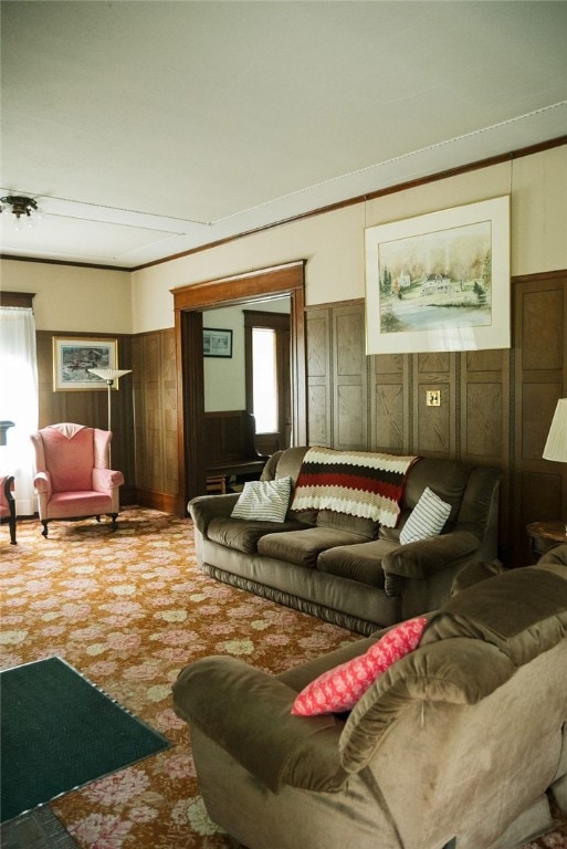 living room with crown molding