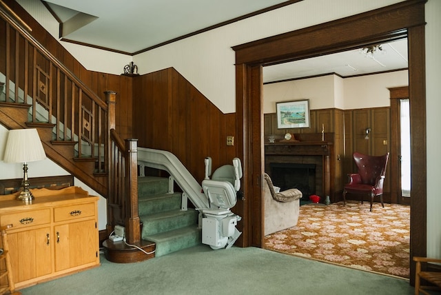 stairs featuring carpet flooring, ornamental molding, and wood walls