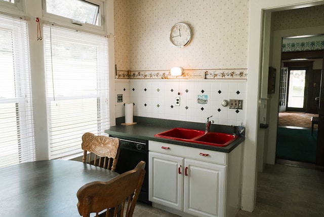 kitchen with white cabinets, backsplash, dishwasher, and sink