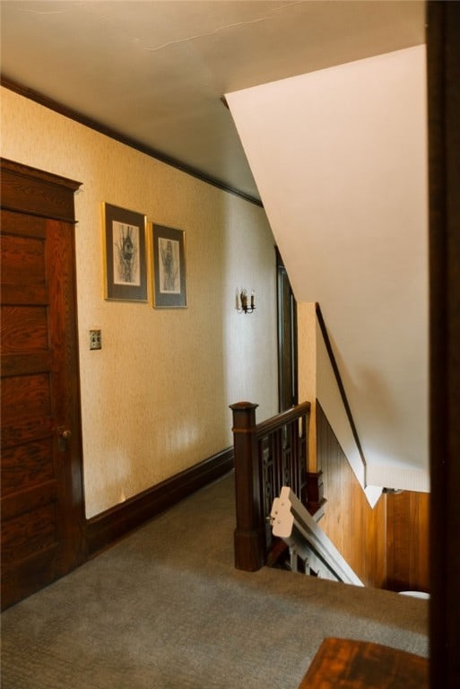 stairway featuring lofted ceiling and dark colored carpet