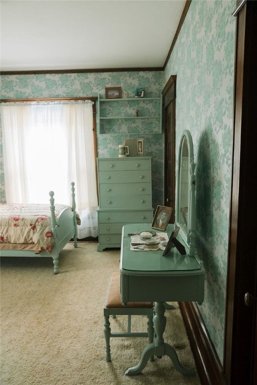 carpeted bedroom featuring ornamental molding