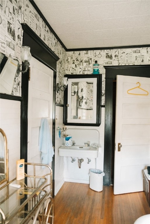 bathroom featuring sink, ornamental molding, and wood-type flooring