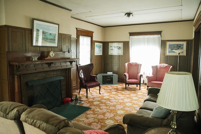 carpeted living room with a fireplace