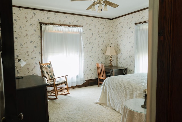 bedroom with light carpet, ceiling fan, and ornamental molding