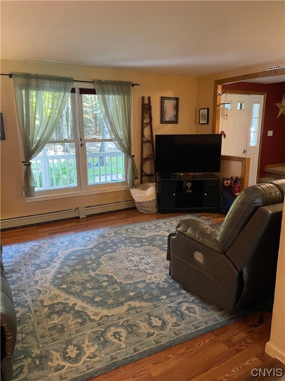 living room featuring baseboard heating and dark hardwood / wood-style floors