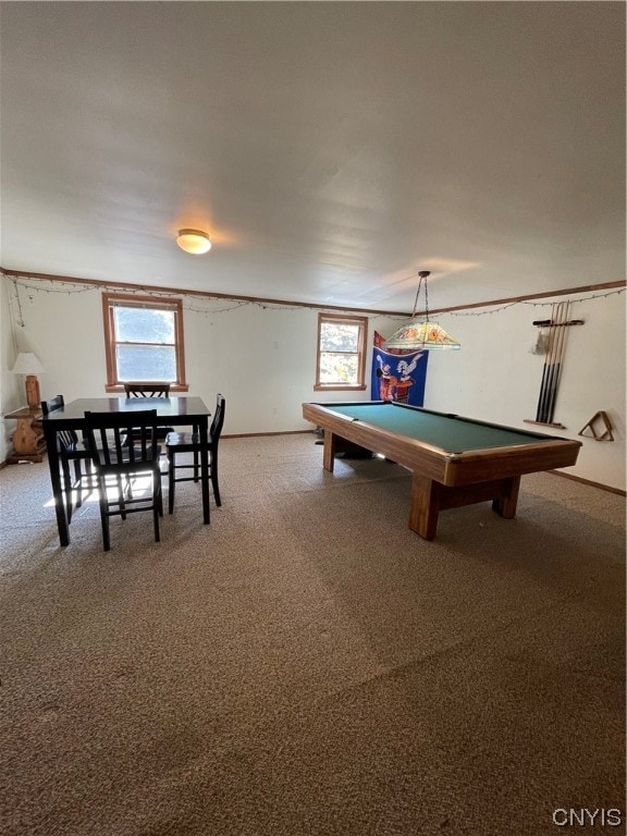 rec room with billiards and carpet floors