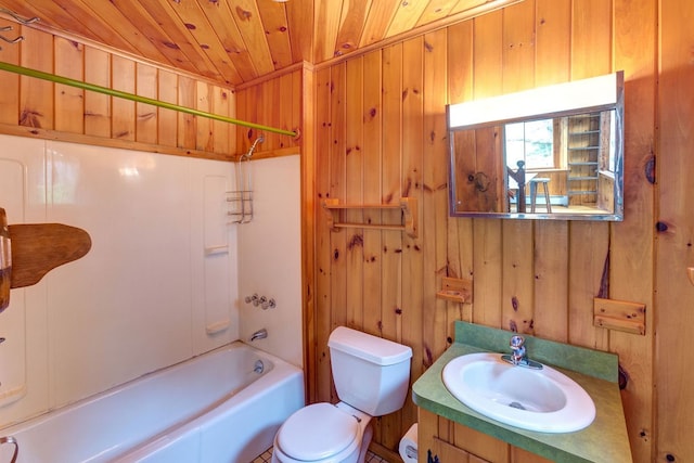 full bathroom with toilet, wooden walls, shower / bath combination, wood ceiling, and vanity